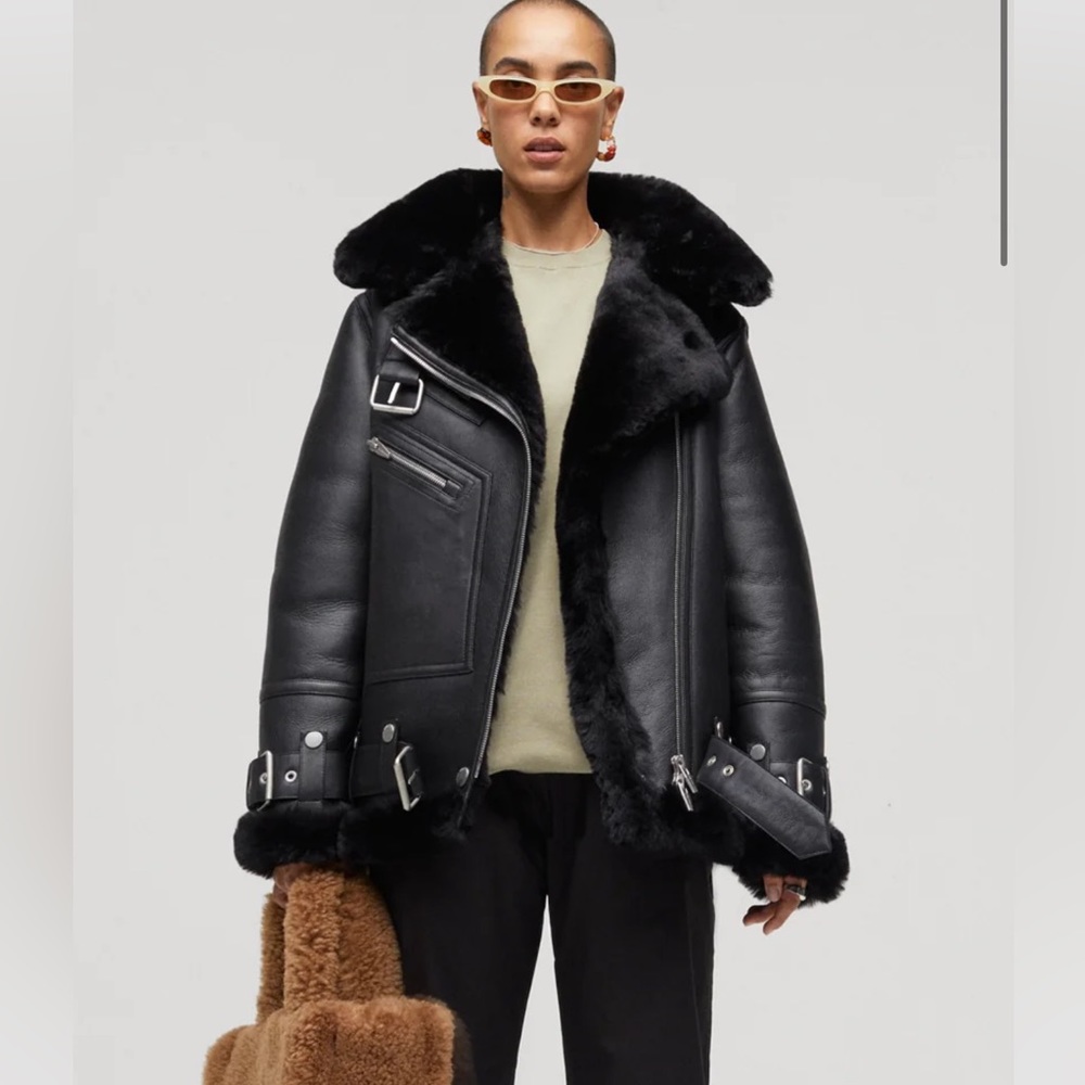 The Arrivals Moya Leather & Shearling Moto Jacket M - Picture 1 of 6
